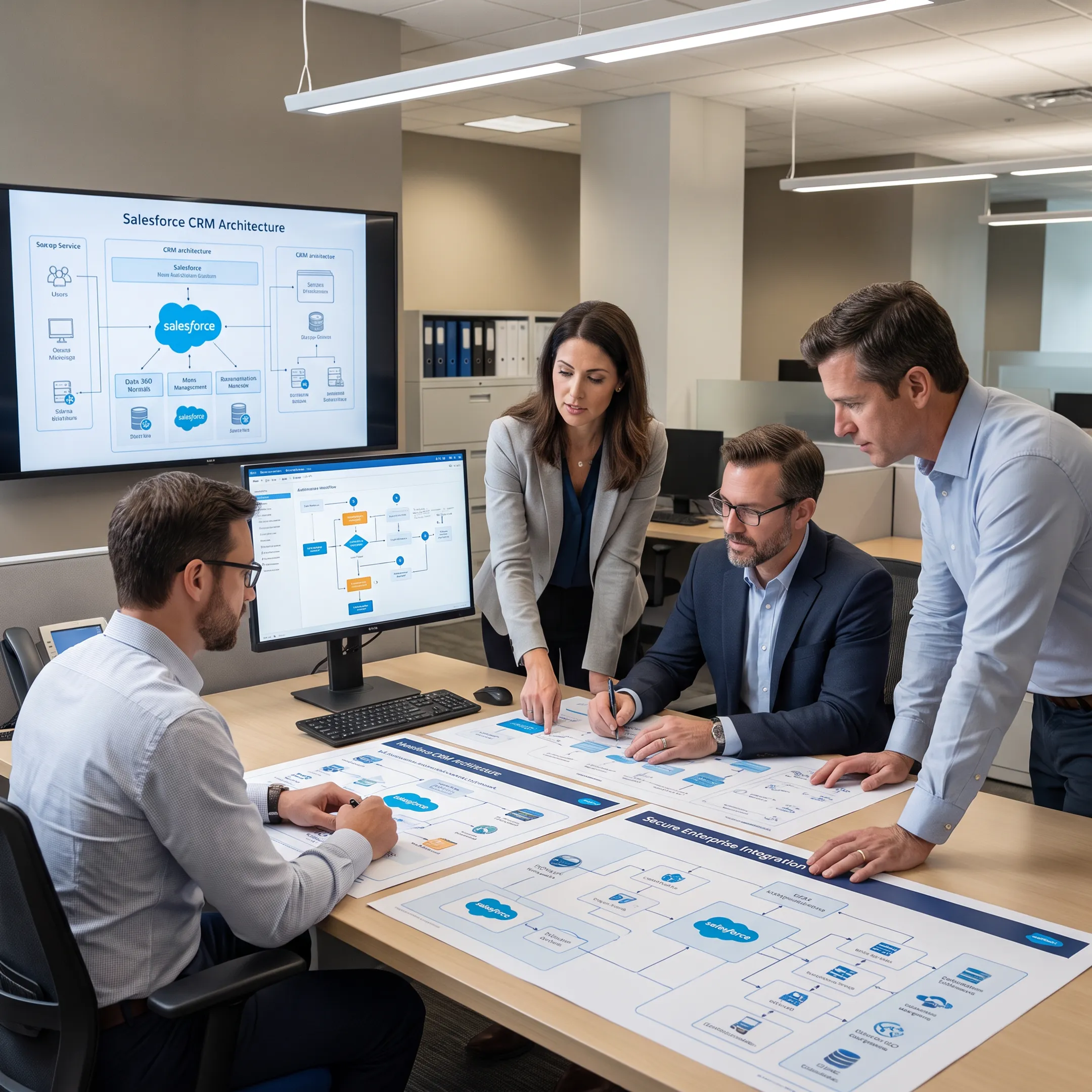 Salesforce specialists collaborating on CRM automation and data integration
