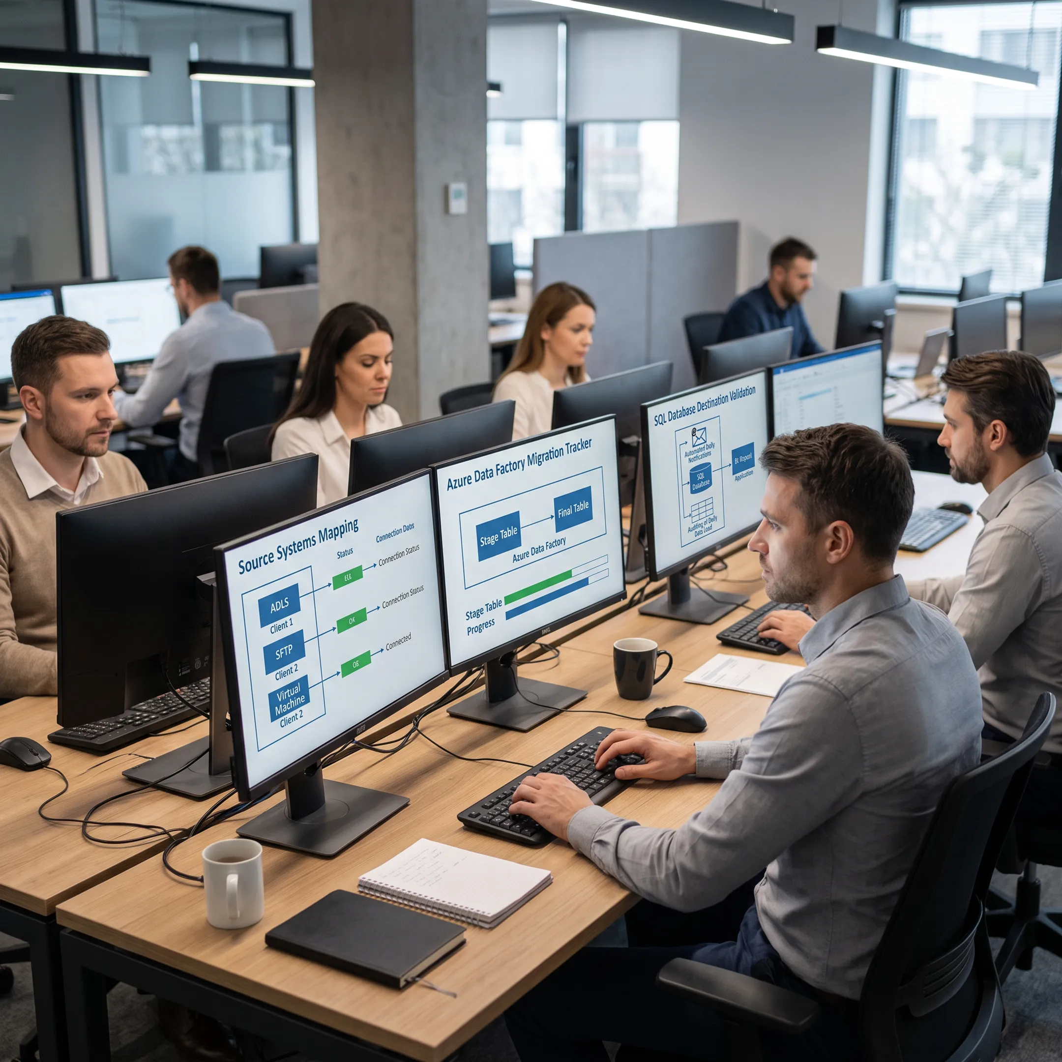 Data specialists validating a secure migration dashboard