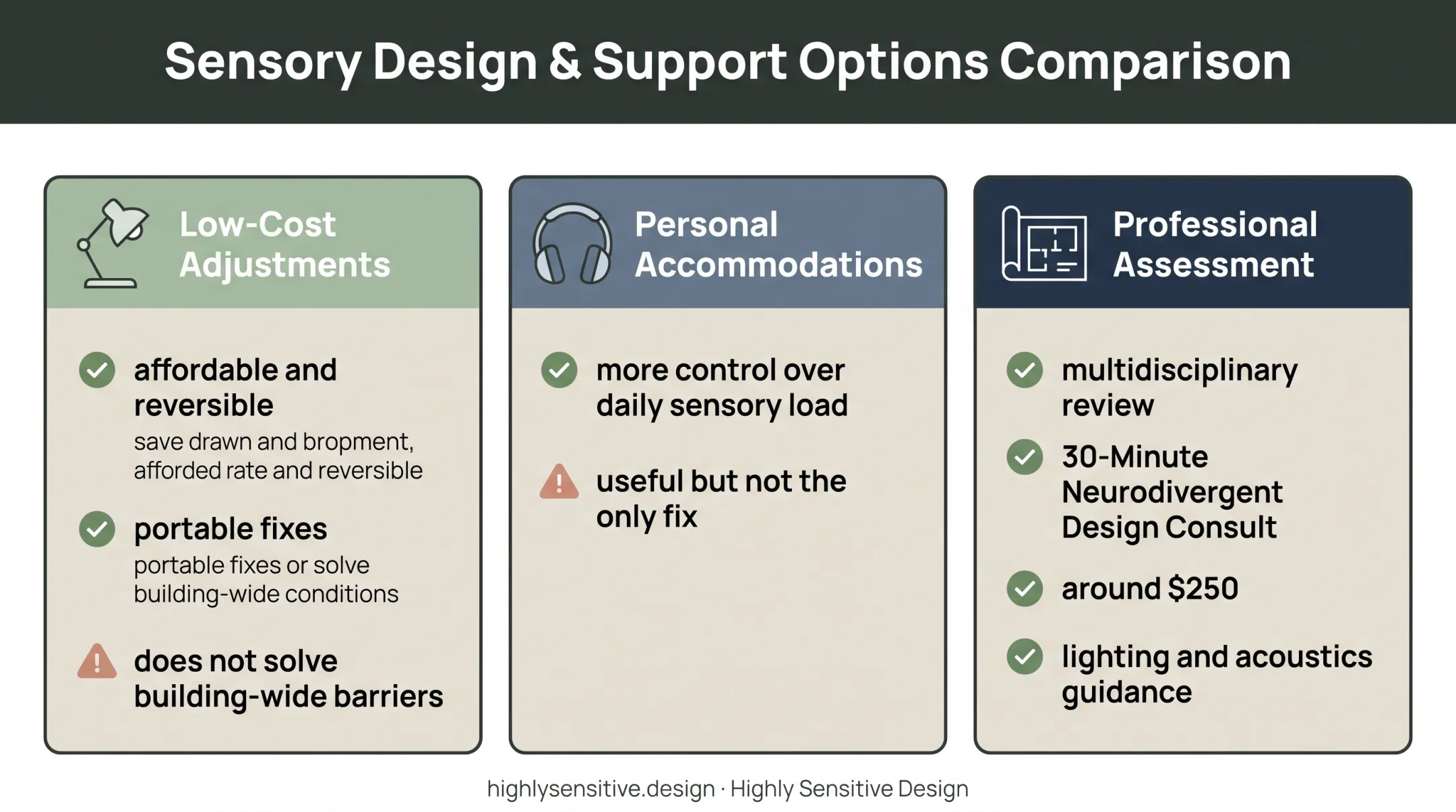 Three alternatives to full sensory-friendly redesign comparison