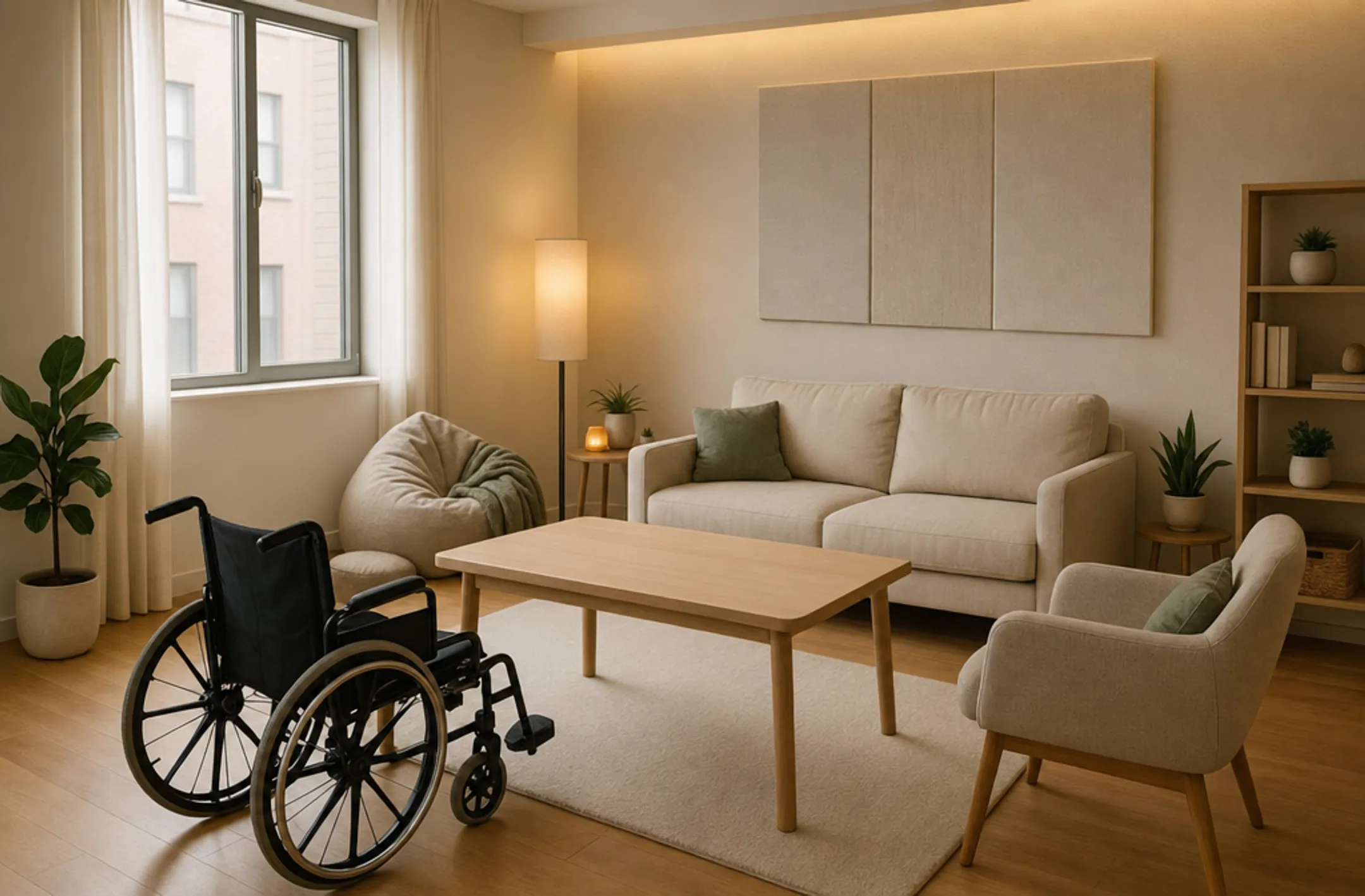 Adult sensory room with accessible seating quiet retreat and adjustable lighting