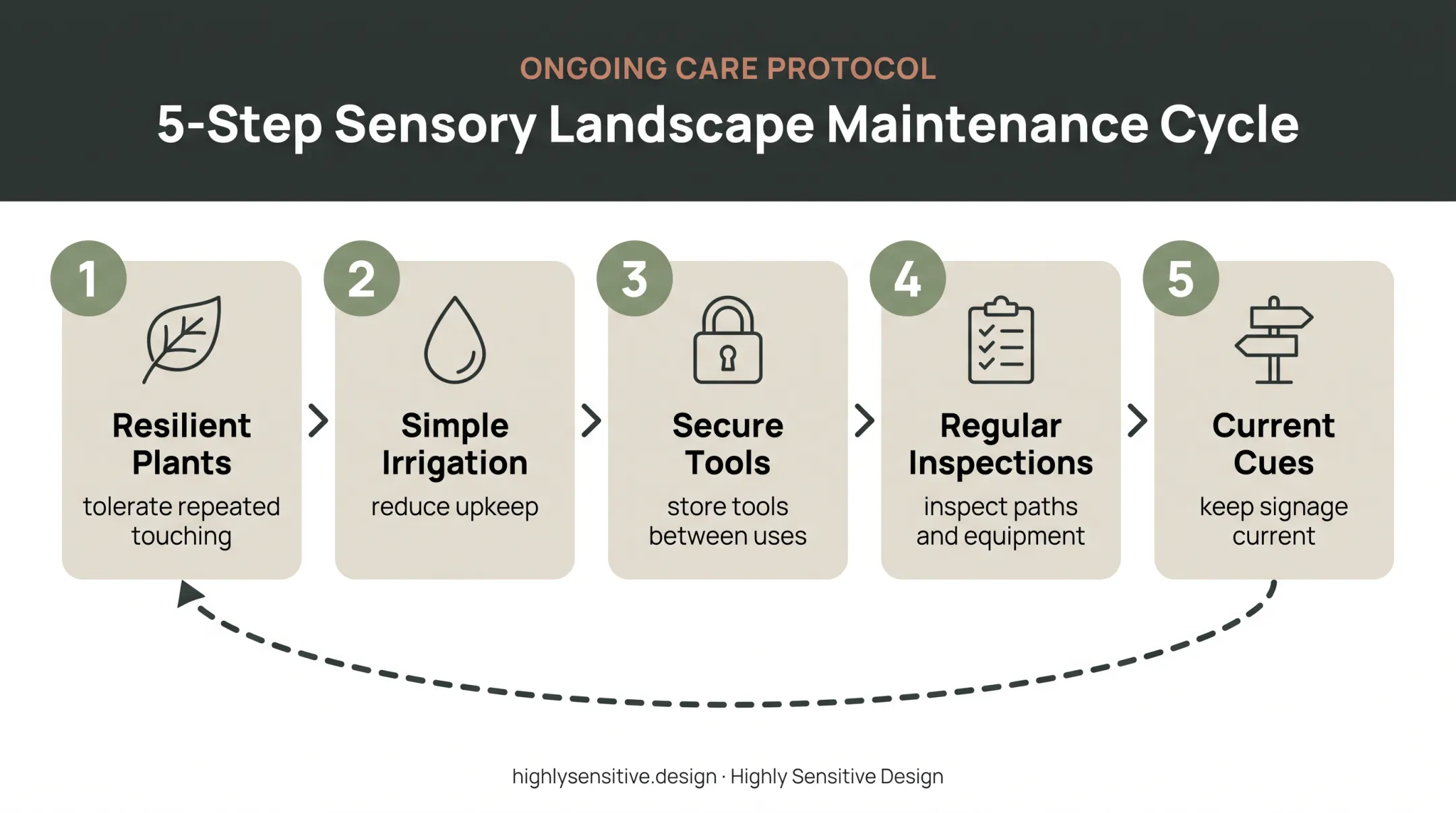 Five-step sensory garden maintenance process from plant selection to signage