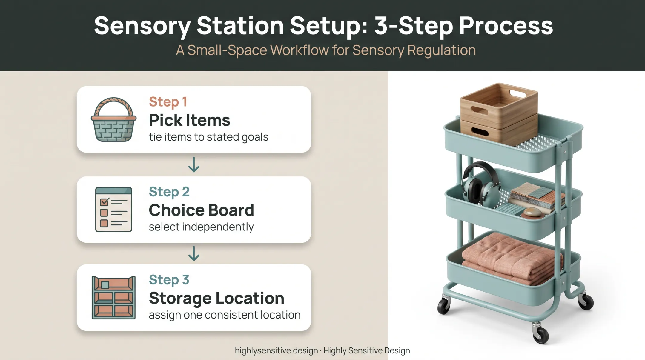 Three-step portable sensory kit setup process for independent choice