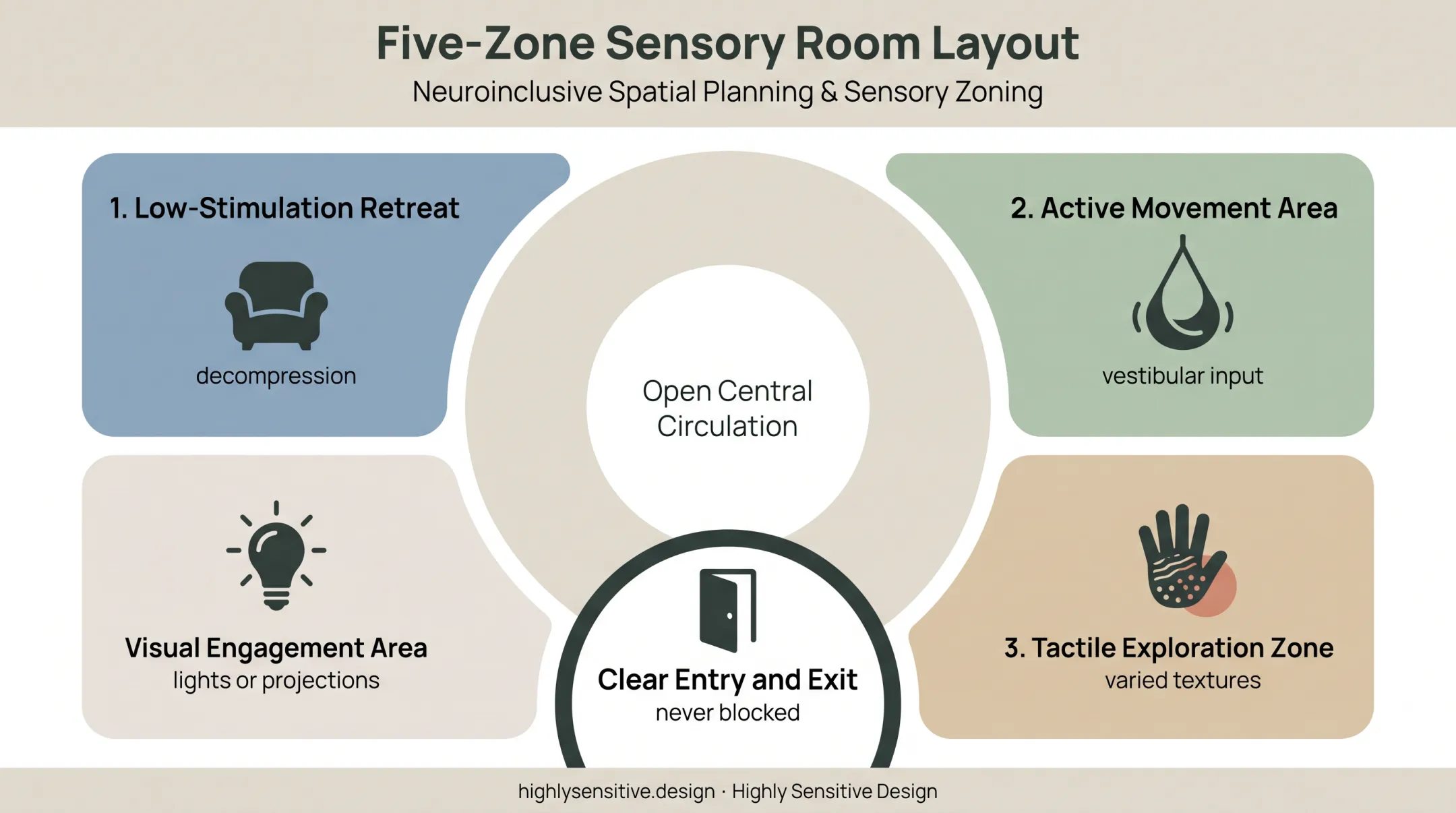 Five-zone multi-sensory room layout for flexible user choice