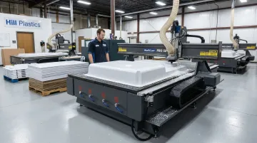 Hill Plastics CNC trimming center with 5x10 foot bed in Lewisville Texas facility