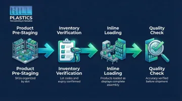POP display fulfillment workflow from product staging to sequenced display loading