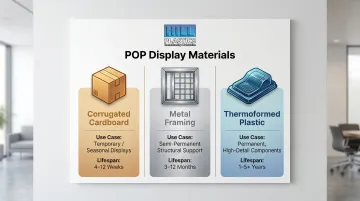 Three POP display material types comparison chart with lifespan and use cases