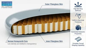 Radome sandwich composite cross-section structure showing skins core and RF performance benefits