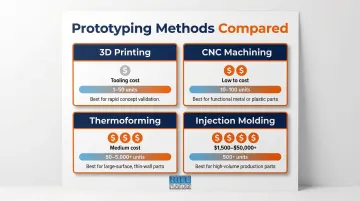 Four prototyping methods cost and volume comparison chart 3D printing CNC thermoforming injection molding