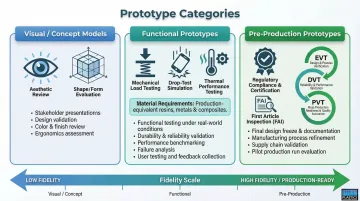 Three plastic prototype types visual functional and pre-production comparison infographic