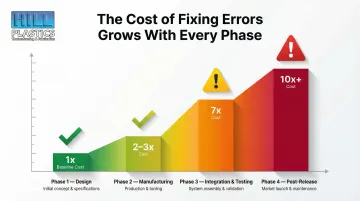 Cost of fixing design errors escalating from design phase through manufacturing and integration