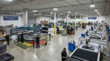 Hill Plastics thermoforming facility showing rotary machine and CNC trimming centers