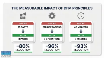 DFM impact comparison showing part count assembly time and operations reduction statistics