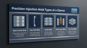 Injection mold type comparison chart multi-cavity hot runner stack and two-shot molds