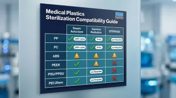 Medical-grade plastic sterilization compatibility matrix comparing six materials and three methods