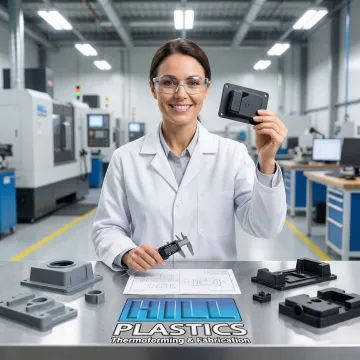 Technician inspecting custom thermoformed plastic parts on production line