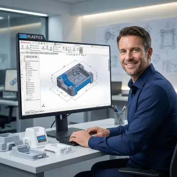 Engineer reviewing CAD design on computer screen with precision plastic tooling parts and calipers on workbench