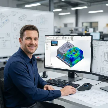 Engineer reviewing CAD design for custom mold on computer screen