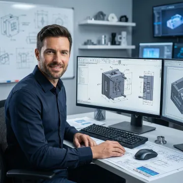 Engineer reviewing CAD design on computer screen for custom manufacturing tooling project