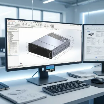 Engineer reviewing CAD design of custom rackmount server enclosure
