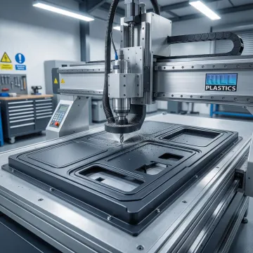 CNC router precisely cutting electrical enclosure panel with visible dust collection system