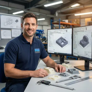 Engineer reviewing CAD design on computer screen with plastic prototype parts on desk