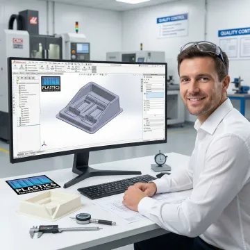 Engineer reviewing CAD design on computer monitor next to finished thermoformed plastic component