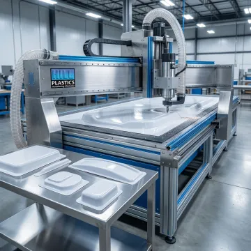 CNC trimming center precisely cutting thermoformed plastic enclosure parts to engineering specifications