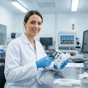 Engineer reviewing medical device plastic prototype with digital calipers and CAD drawings