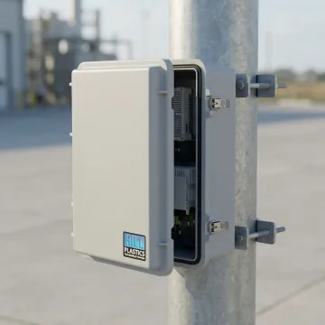Custom weatherproof NEMA-rated plastic enclosure protecting industrial electrical equipment outdoors