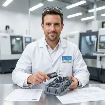 Engineer inspecting custom ABS prototype part against technical drawings