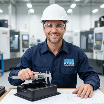 Engineer reviewing precision thermoformed plastic parts against CAD specifications in quality control process