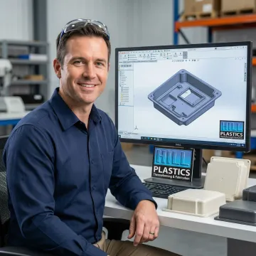 Hill Plastics engineer reviewing custom thermoformed plastic part design using SolidWorks CAD software