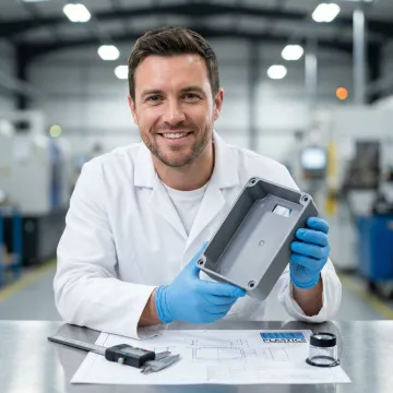 Technician inspecting a precision thermoformed plastic part in a fabrication facility