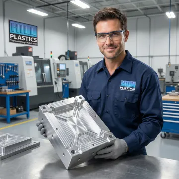 Technician inspecting a CNC-milled aluminum production mold in a plastics manufacturing facility