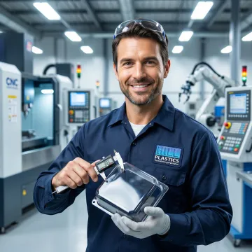 Technician inspecting a custom thermoformed plastic part at a fabrication facility