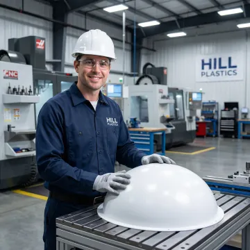 Technician inspecting a thermoformed plastic radome enclosure on a CNC trimming table