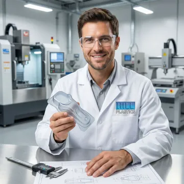 Engineer reviewing a thermoformed medical device plastic prototype at a manufacturing workstation