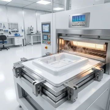 Medical device plastic prototype being formed using thermoforming equipment in a manufacturing facility