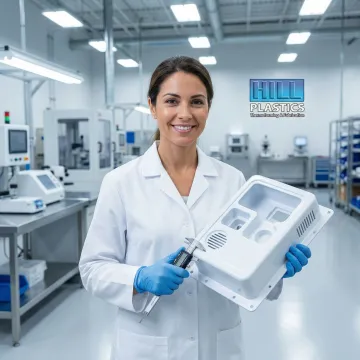Custom thermoformed plastic medical equipment enclosure being inspected in a manufacturing facility