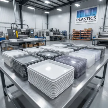 Thermoformed plastic trays stacked and ready for delivery in a Texas manufacturing facility