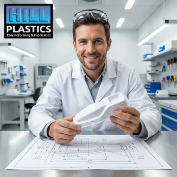 Engineer reviewing thermoformed medical plastic prototype part against technical drawing