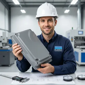 Engineer reviewing custom thermoformed plastic enclosure parts in a fabrication facility