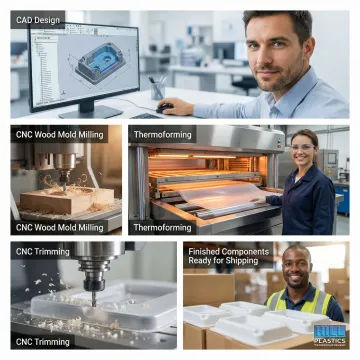 Step-by-step plastic fabrication process from design to finished parts