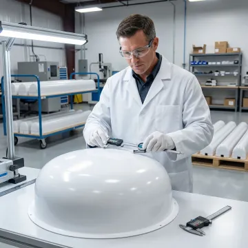 Technician inspecting white radar dome cover during quality control