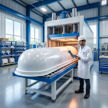 Telecommunications equipment enclosure being manufactured on thermoforming equipment