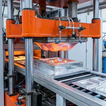 Thermoforming process showing heated plastic sheet being formed over custom mold