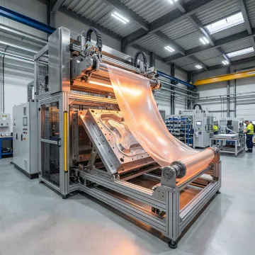 Advanced plastic drape forming equipment shaping heated thermoplastic sheet over custom mold