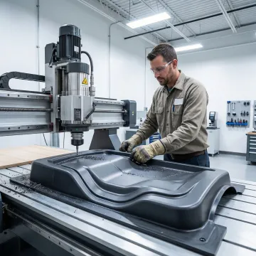 Technician operating precision CNC trimming equipment on thermoformed plastic part