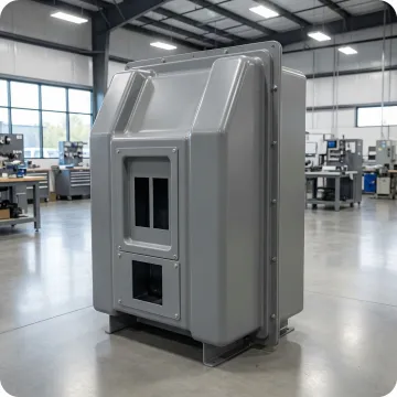 Custom thermoformed switchgear enclosure with precision CNC-trimmed edges and mounting hardware