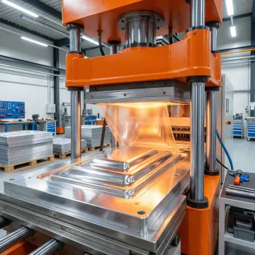 Custom vacuum forming machine heating plastic sheet over mold